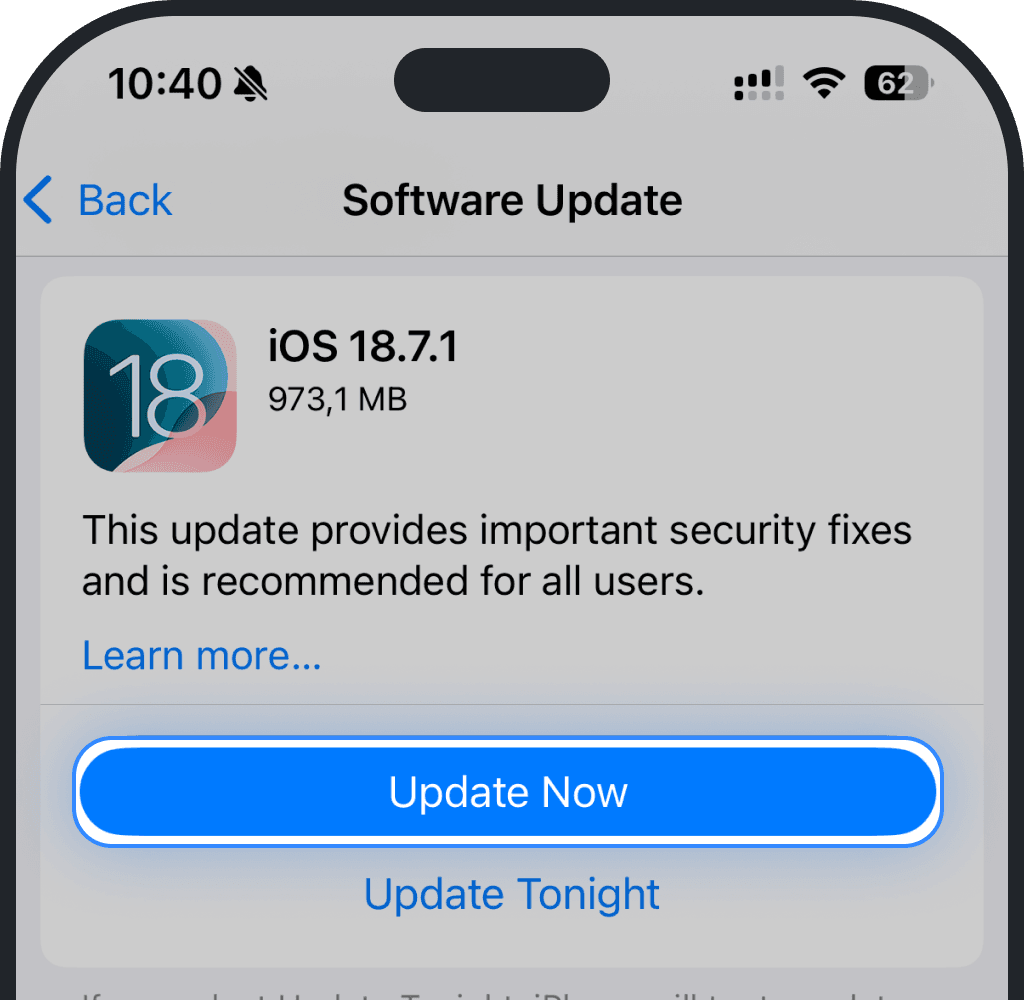 Choose Update Now on iPhone screenshot
