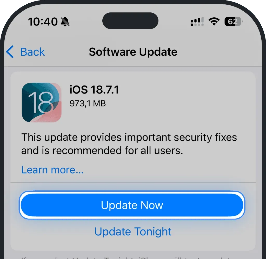 Choose Update Now on iPhone screenshot