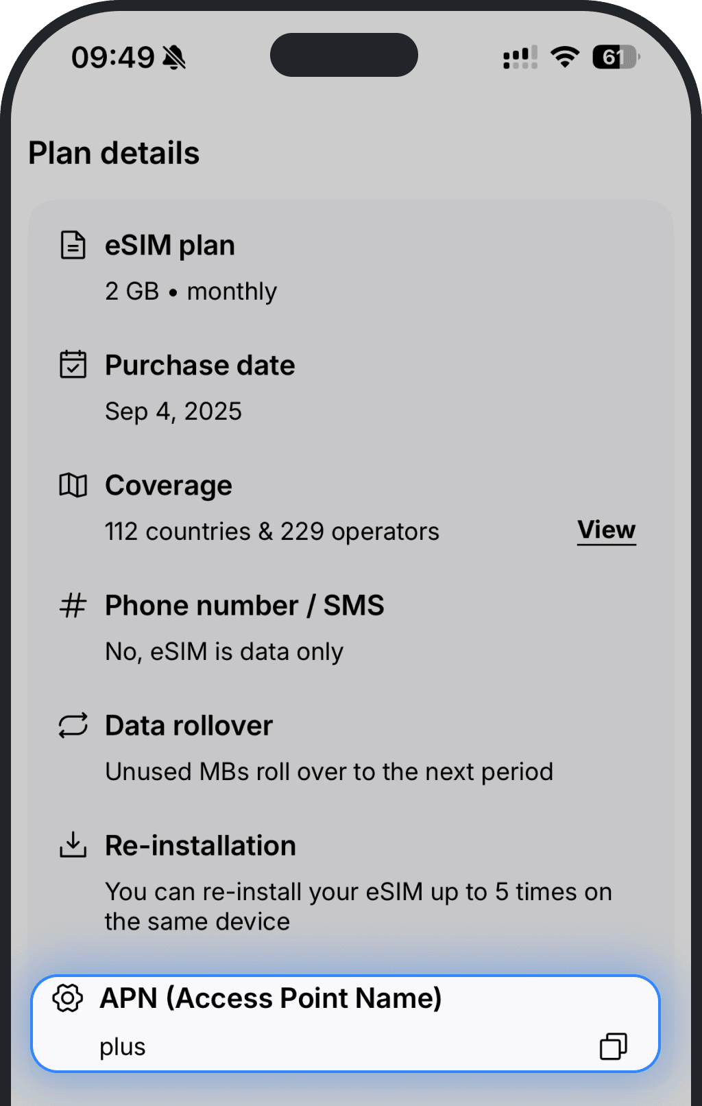 In the Plan details section, you’ll see your APN (Access Point Name).png