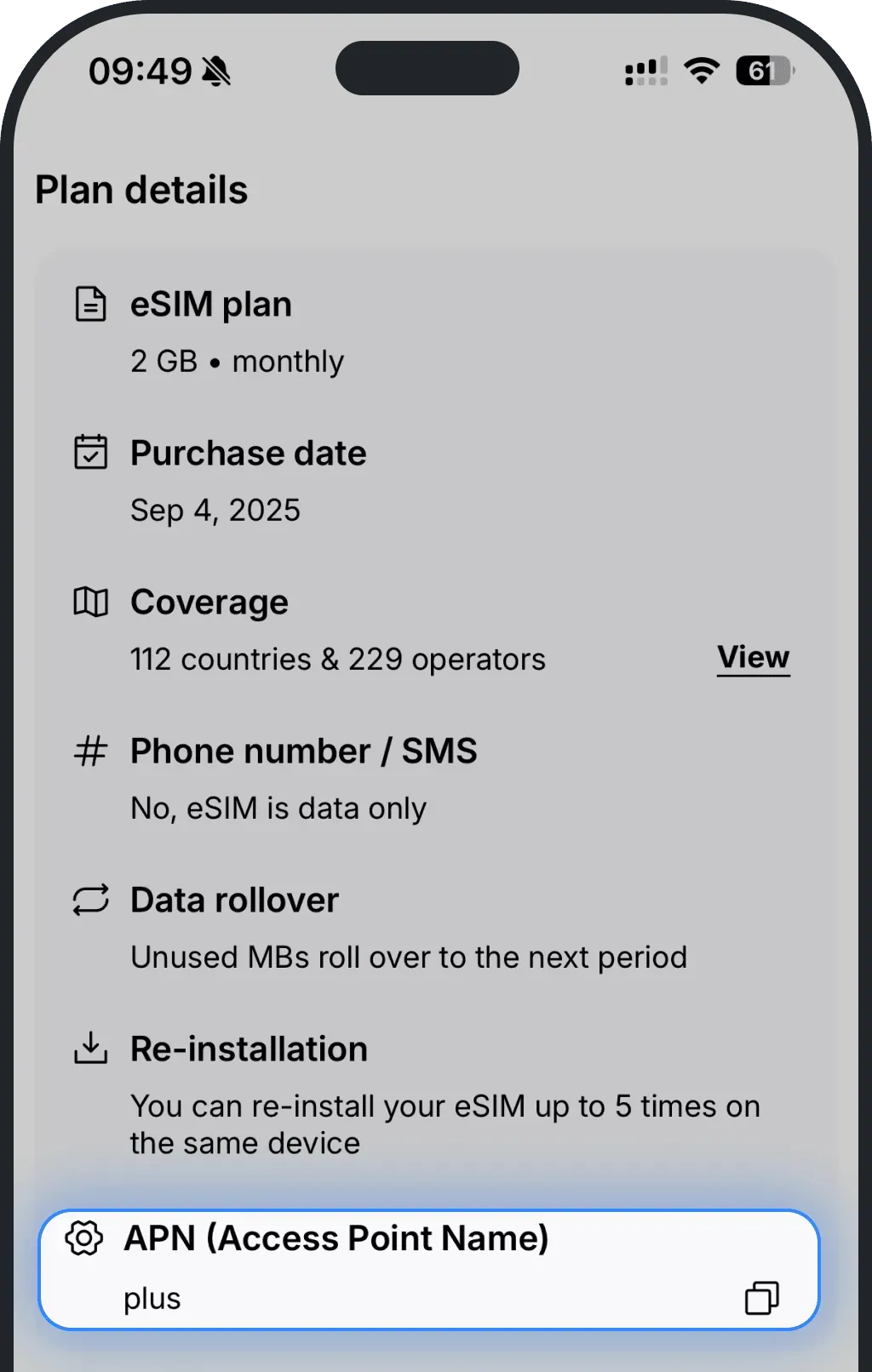 In the Plan details section, you’ll see your APN (Access Point Name).png