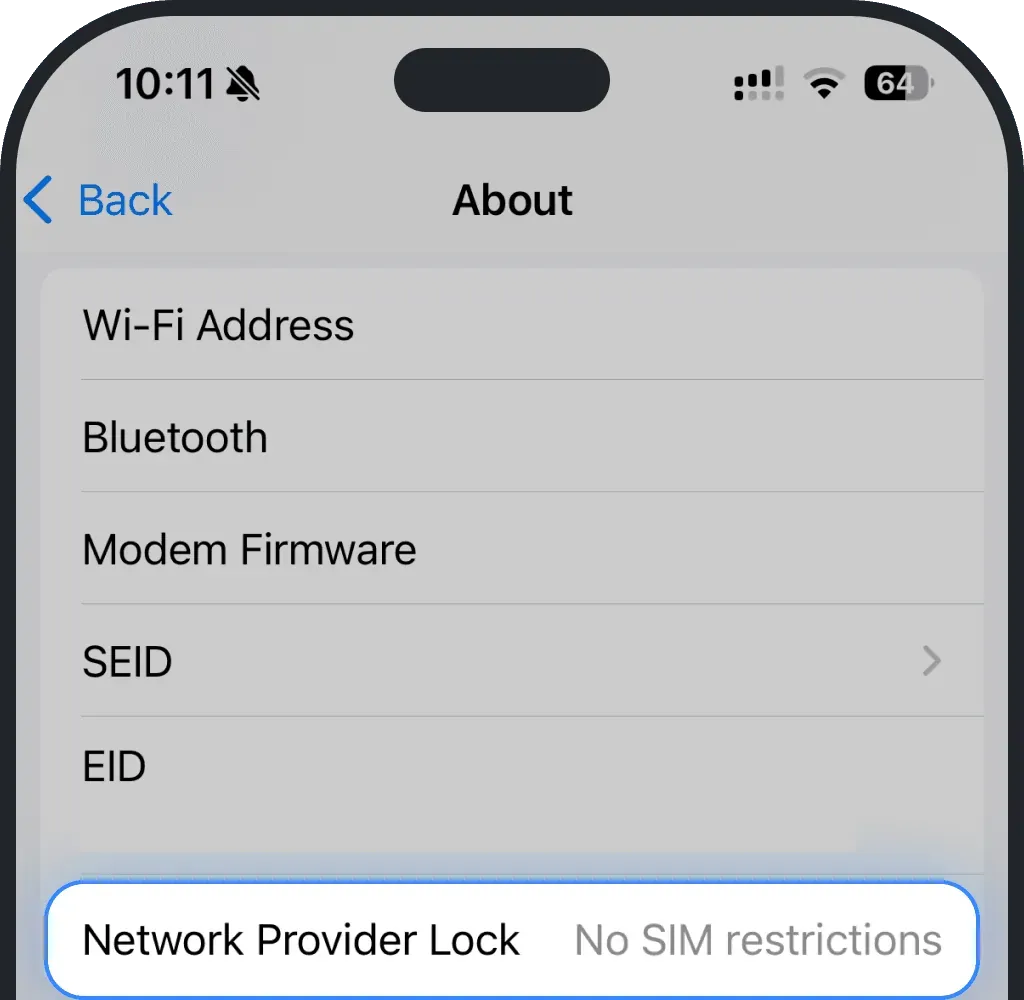 No SIM restrictions on iPhone screenshot