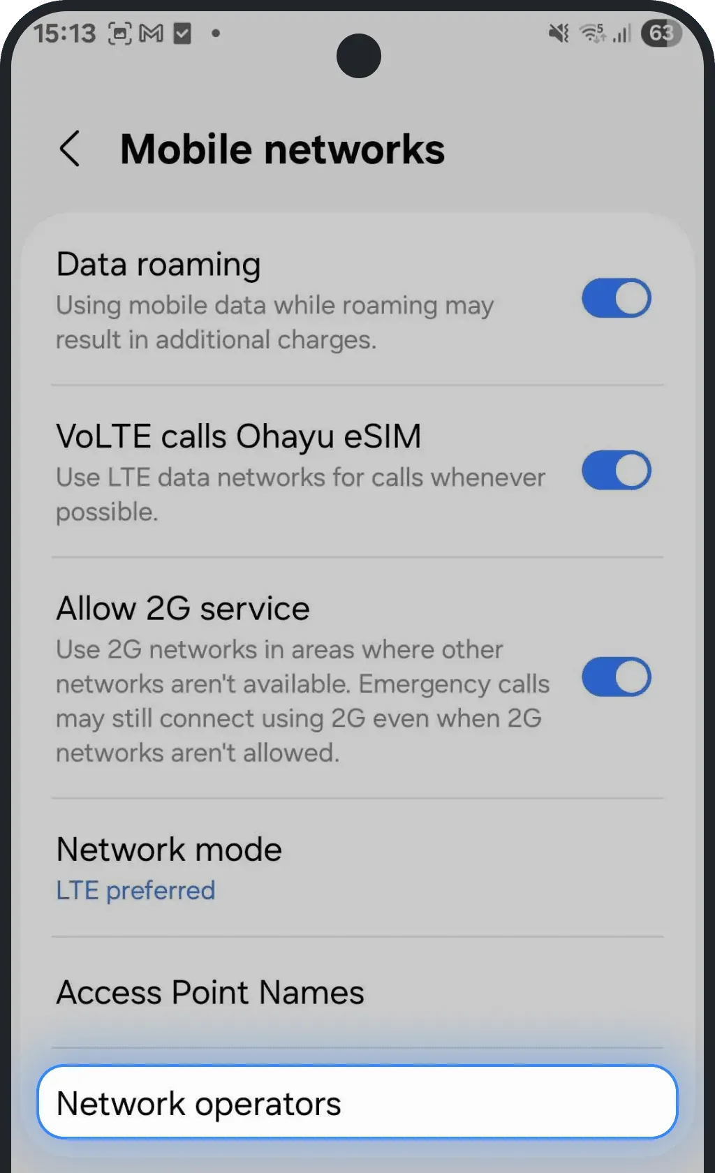 Select Network Operators on Android screenshot