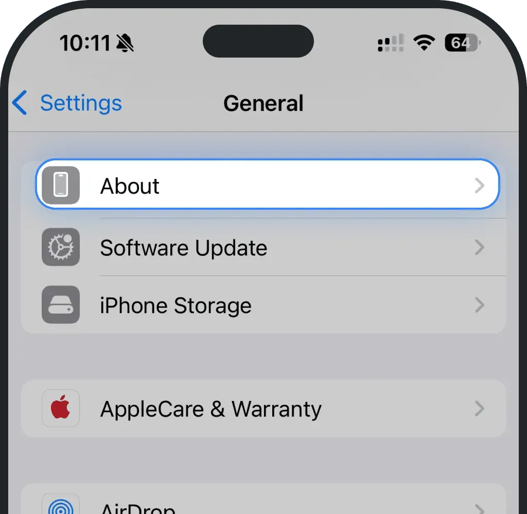 Tap About on iPhone screenshot