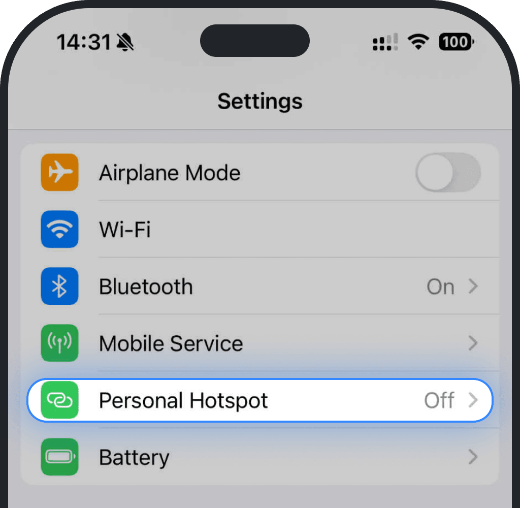 Tap Personal Hotspot on iPhone screenshot