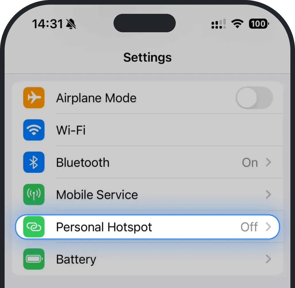 Tap Personal Hotspot on iPhone screenshot