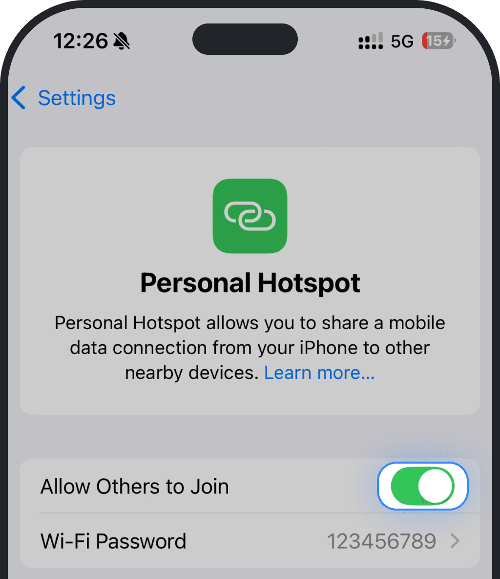 Tap Personal Hotspot and switch it ON screenshot