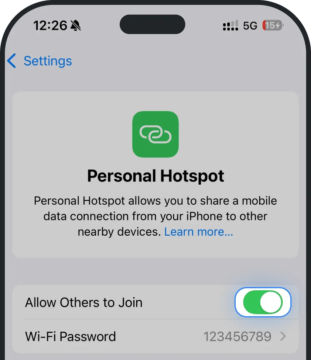 Tap Personal Hotspot and switch it ON screenshot