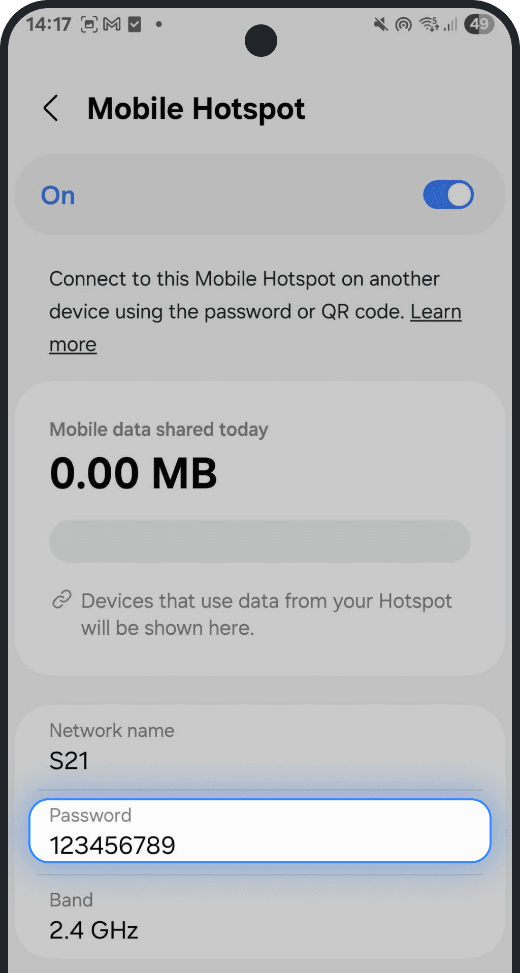 Tap on Mobile Hotspot and verify the hotspot password (typos are very common) on Android screenshot