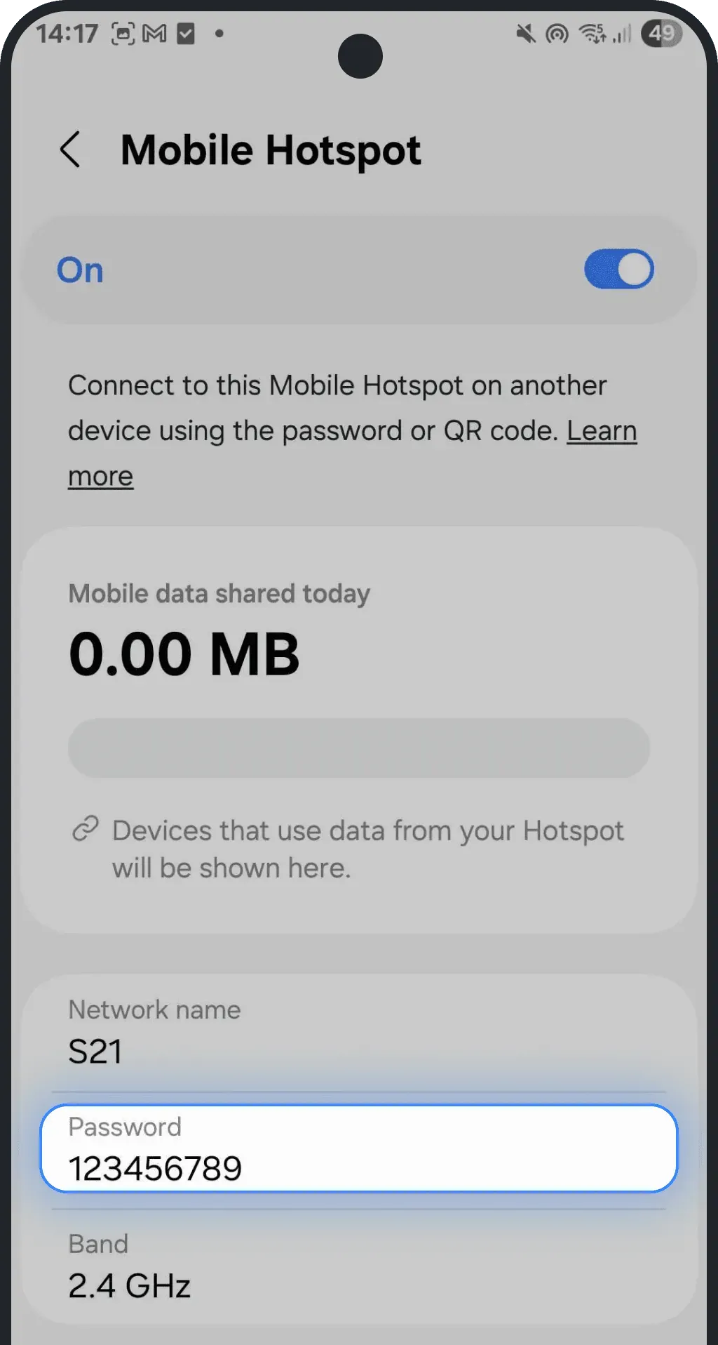 Tap on Mobile Hotspot and verify the hotspot password (typos are very common) on Android screenshot