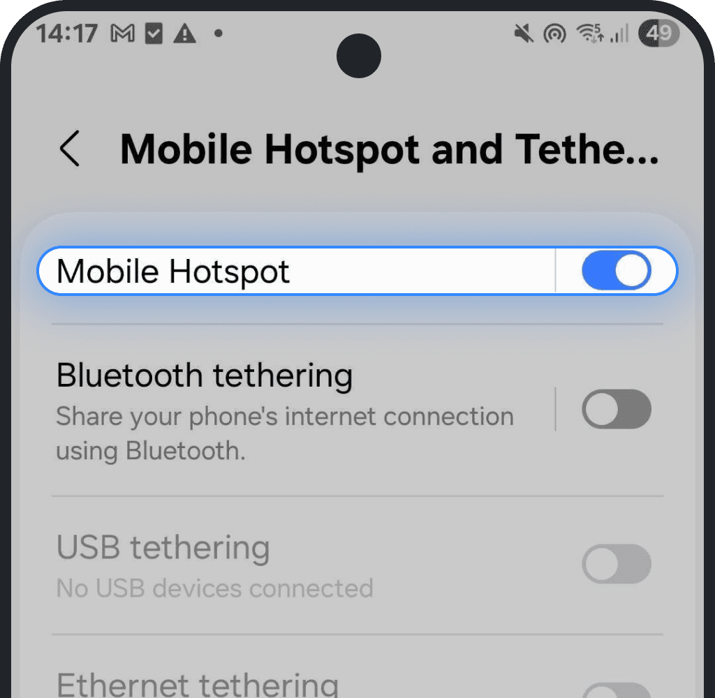 Toggle Mobile Hotspot off and on on Android screesnhot
