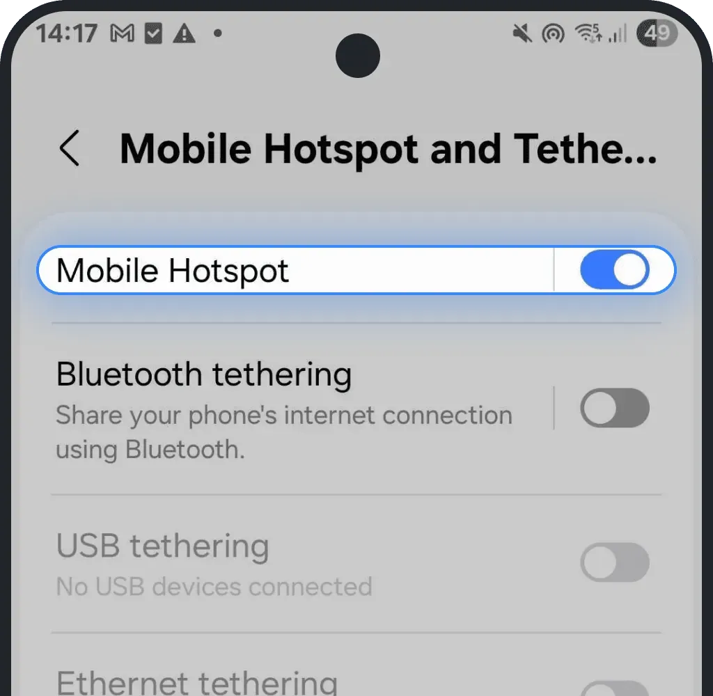 Toggle Mobile Hotspot off and on on Android screesnhot