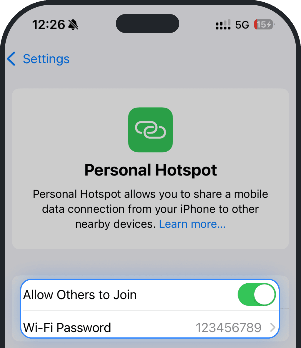 Toggle Personal Hotspot off and on on iPhone screenshot